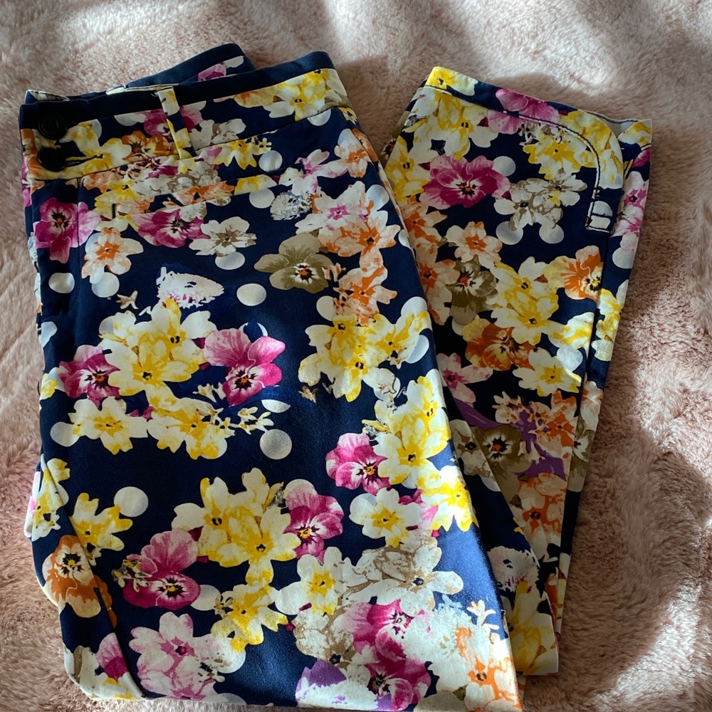 Anthropologie Cartonnier Navy Floral Polka Dot Pants with Yellow & Pink Accents